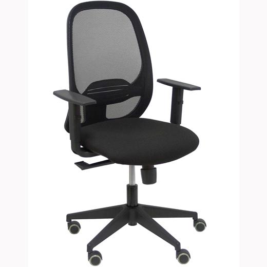 SILLA PIQUERAS Y CRESPO CILANCO NEGRA USO INTENSIVO BRAZOS REGULABLES MECANISMO SINCRO CON REGULADOR DE TENSION REFUERZO LUMBAR REGULABLE RUEDAS PARQUET RESPALDO DE MALLA NEGRA Y ASIENTO TAPIZADO BALI NEGRO