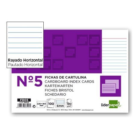 Ficha liderpapel rayada nº5 160x220 mm 180gr paquete de 100 unidades
