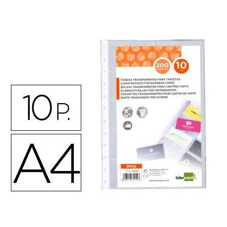 Recambio fundas liderpapel din a4 para tarjetero bolsa de 10 hojas capacidad 20 tarjetas por hoja