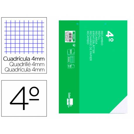Recambio liderpapel cuarto apaisado 100 hojas 60gr cuadro 4 mm 2 taladros con margen