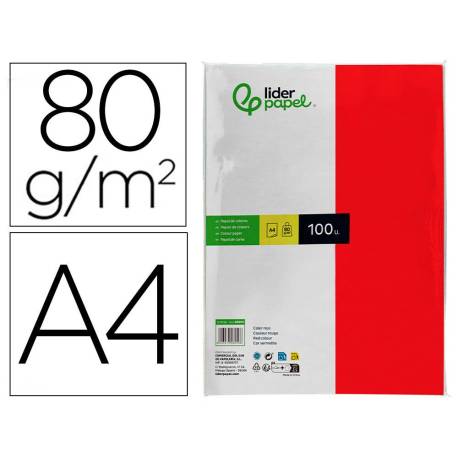 Papel color liderpapel din a4 80gr rojo paquete de 100 hojas