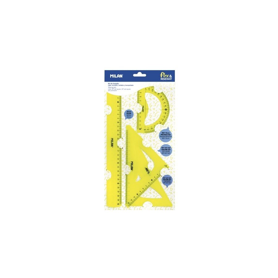 KIT REGLA 30CM, ESCUADRA, CARTABÓN Y TRANSPORTADOR FLEX|AND|RESISTANT (AMARILLO)