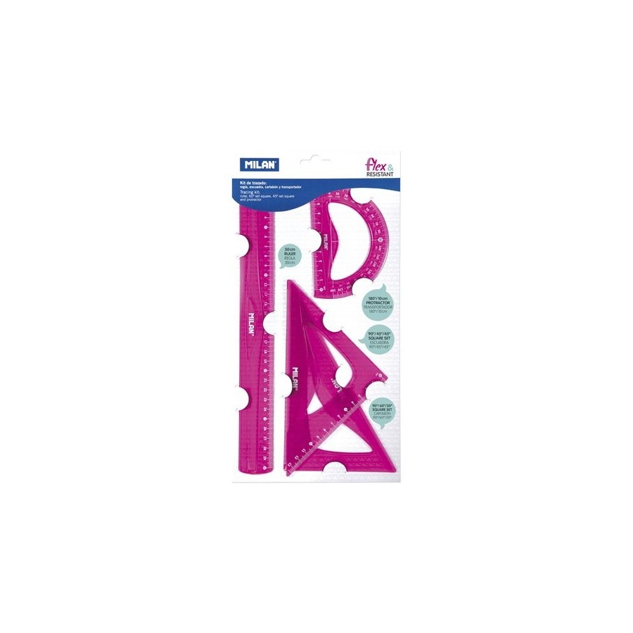 KIT REGLA 30CM, ESCUADRA, CARTABÓN Y TRANSPORTADOR FLEX|AND|RESISTANT (ROSA)
